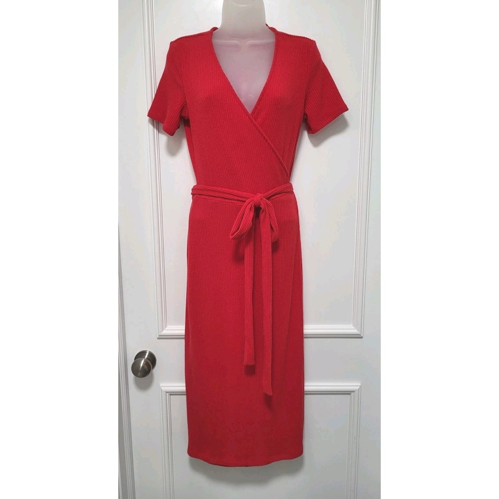 Red Stretch Rib Knit Midi Wrap Dress Gap Sz S Tall